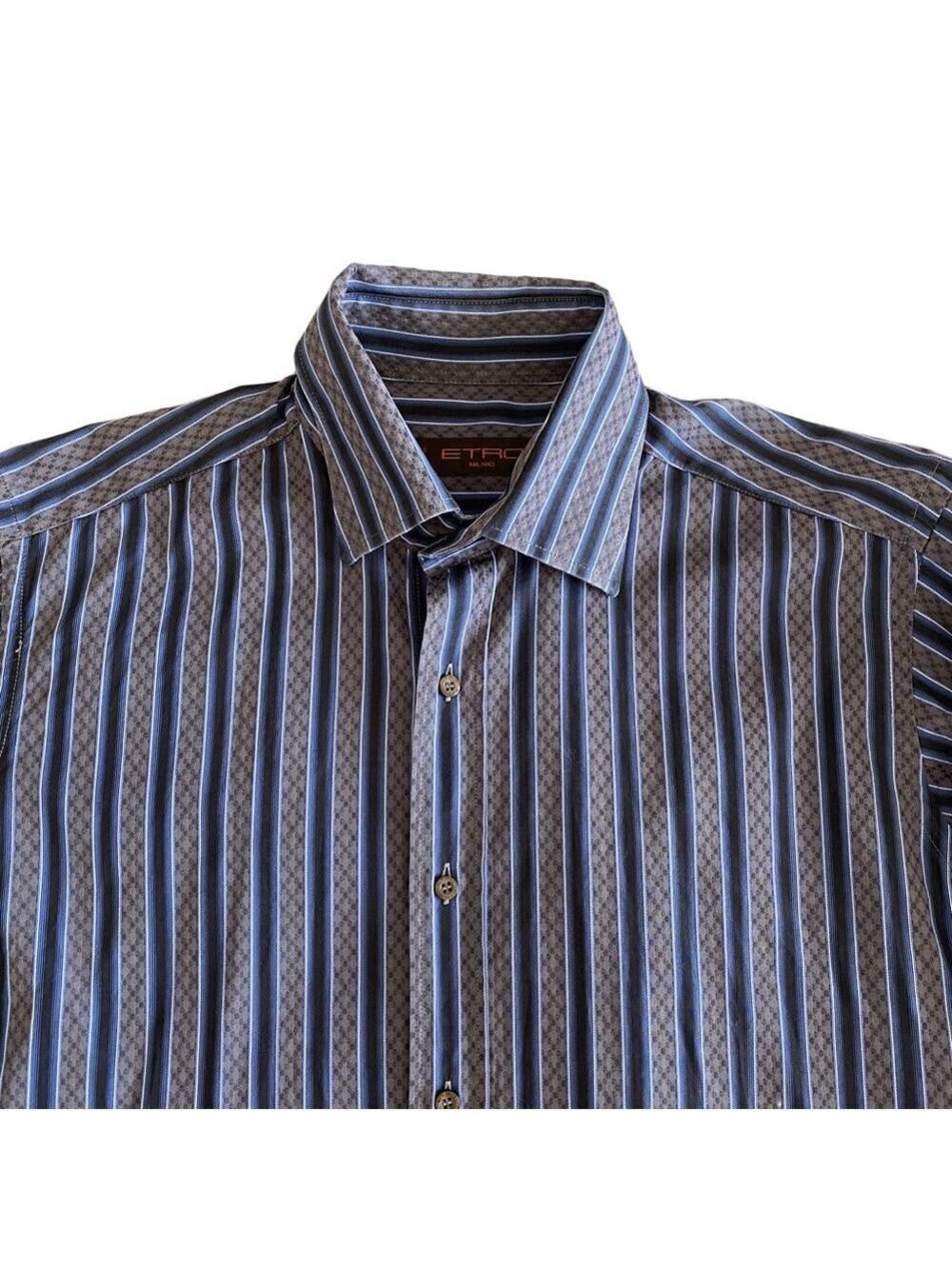 Etro Milano Men's Dress Shirt Sz 39 Striped Blue/Grey Button Up Made in Italy